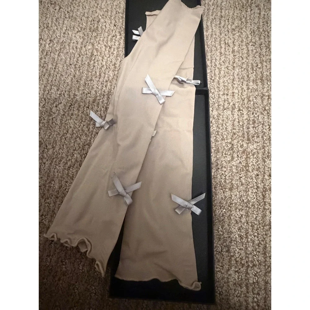 Nude Sheer Arm Warmers with Satin Bows Coquette Balletcore Mesh Sleeves